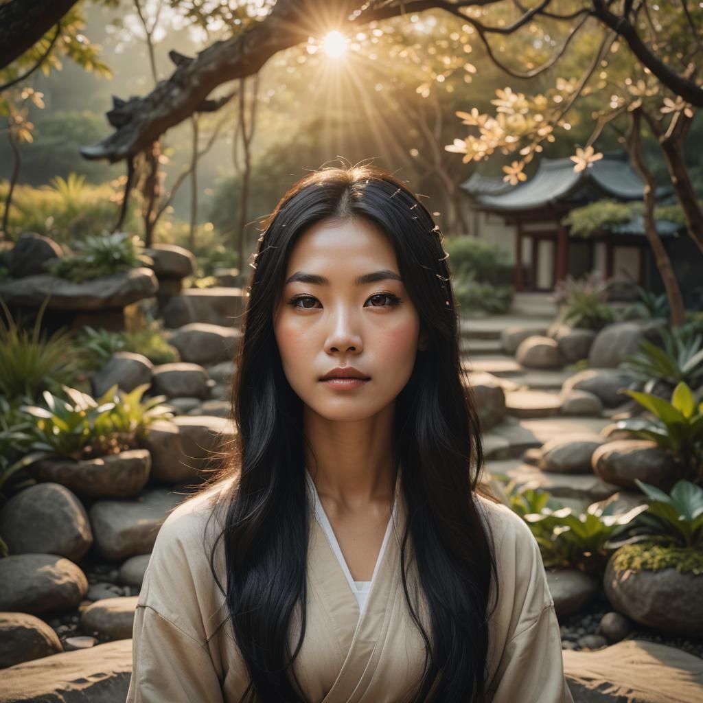 Serene Asian Girl Meditating in Dawn Light