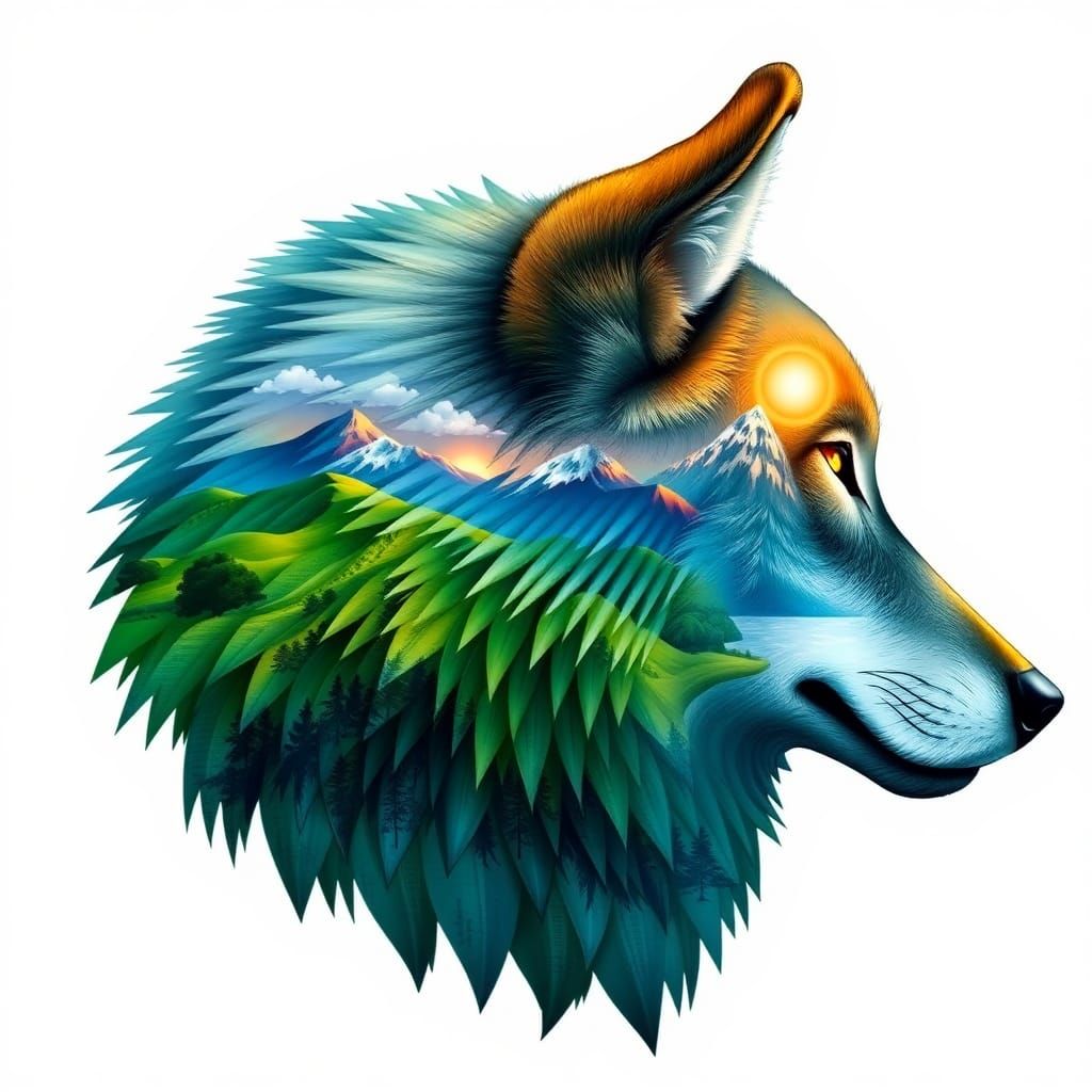 Colorful Wolf Head with Surreal Landscape