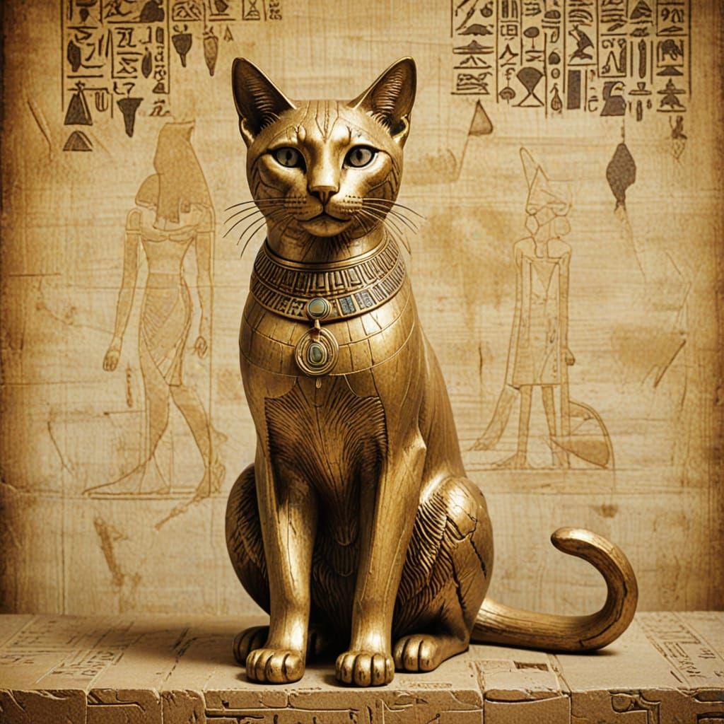 Golden Bastet Figurine with Hieroglyphic Background