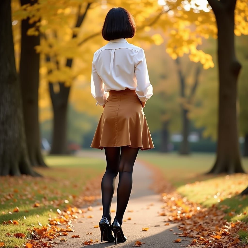 Autumnal Woman in Park with Suede Skirt