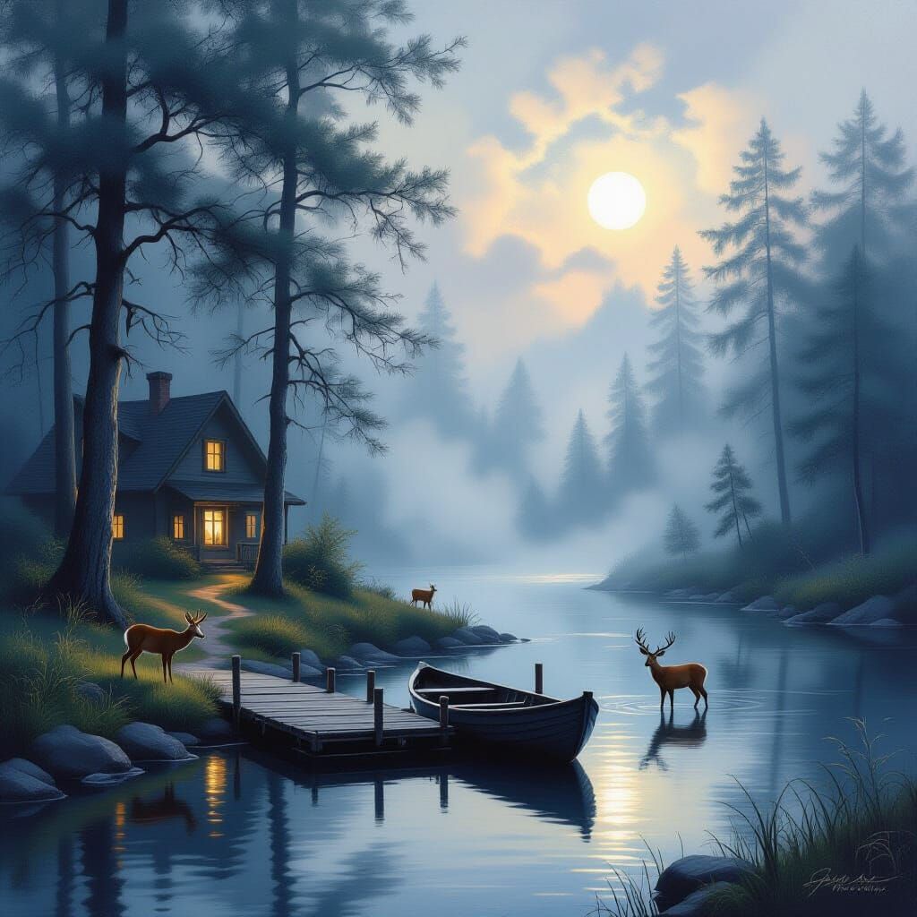 Dreamy Forest Dusk Scene with Cozy House and Wildlife