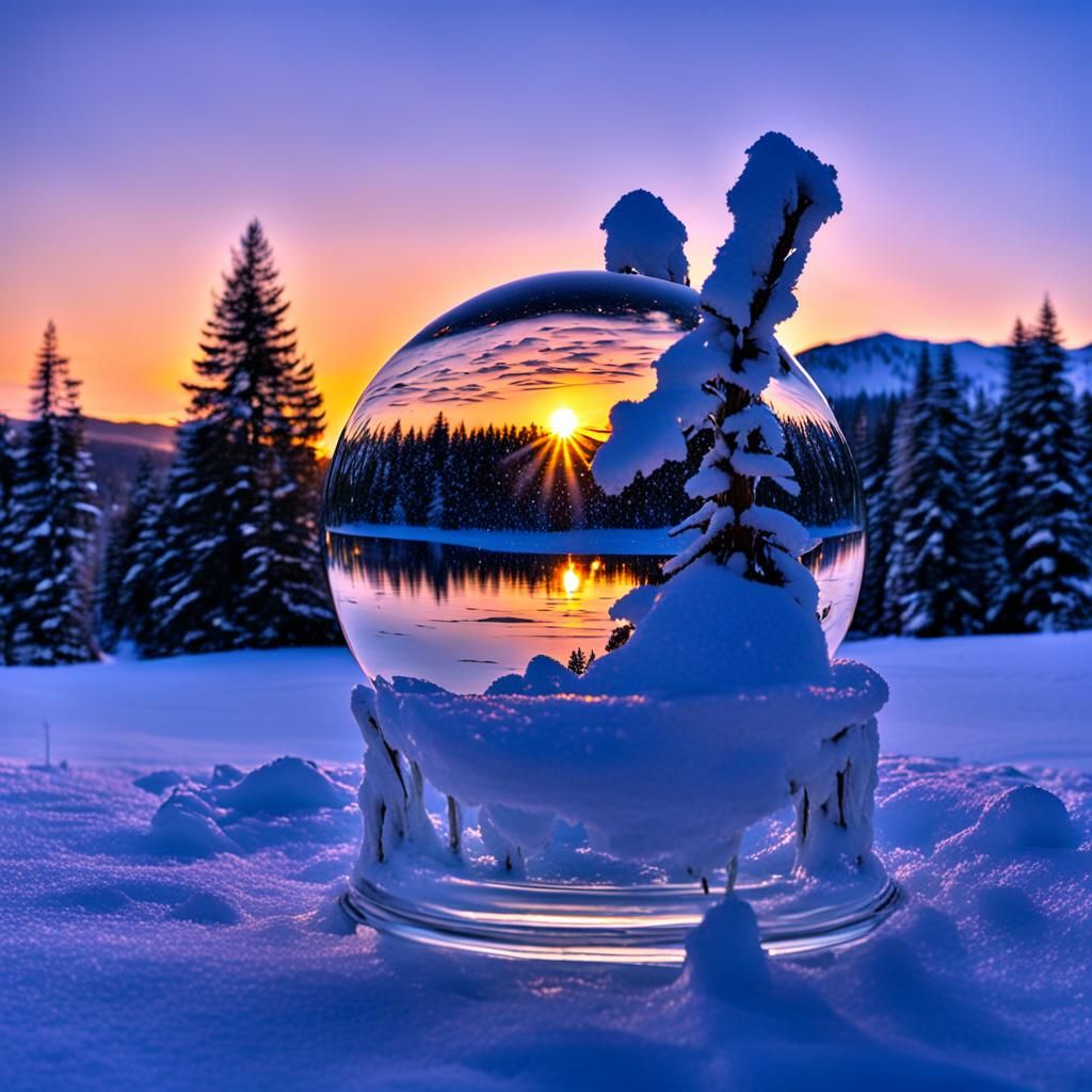 Snow Globe Sunset: Winter Scene in Glass