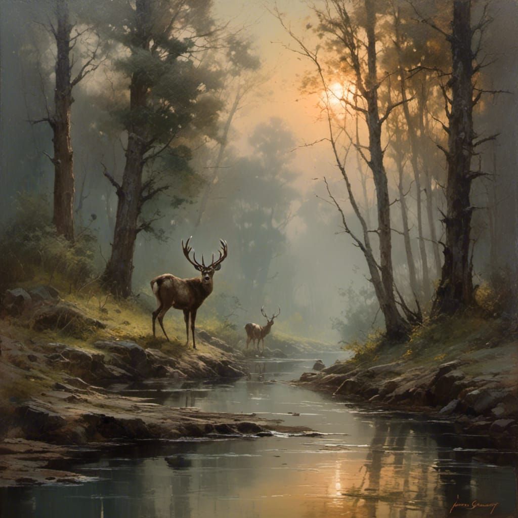 Ethereal Landscape with Deer at Sunrise