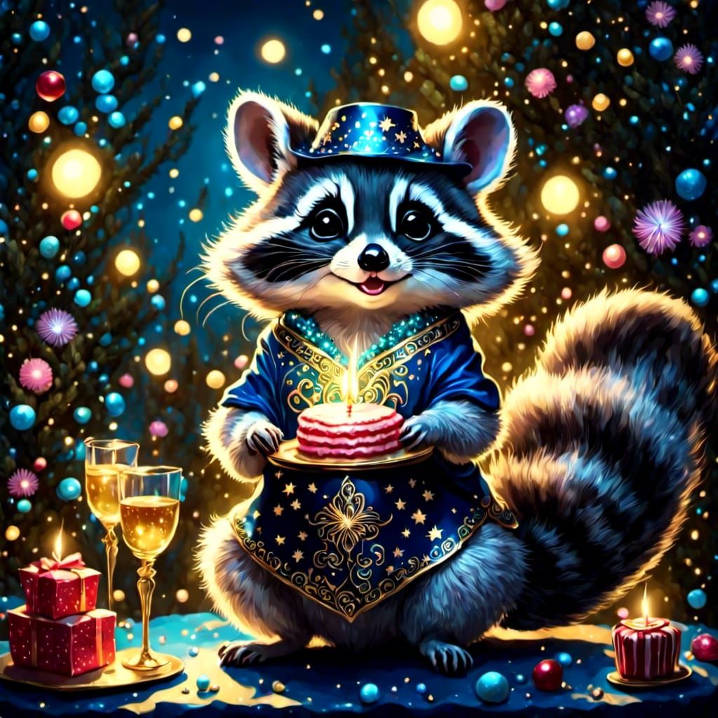 Festive Raccoon Celebrates New Year's Eve and Birthday
