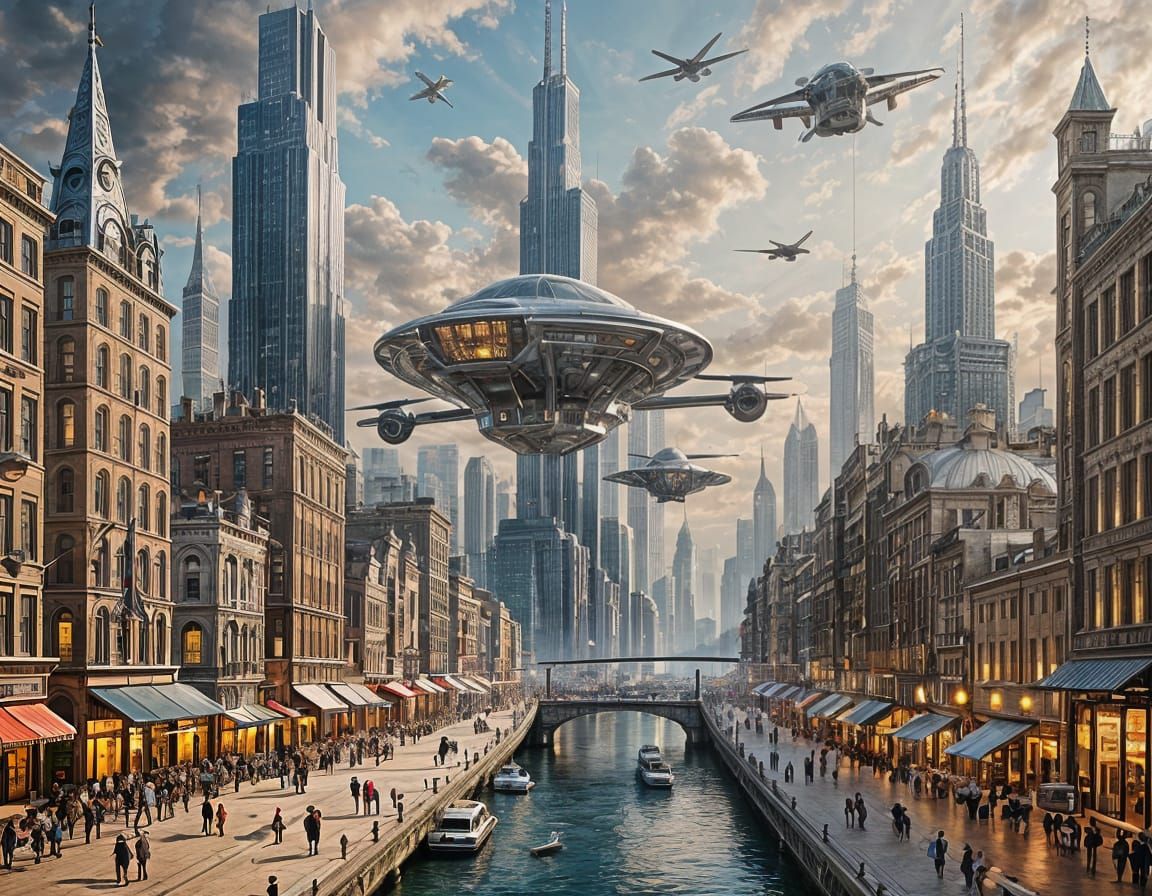 Futuristic Retro Cityscape with Flying Cars and Chrome Skysc...