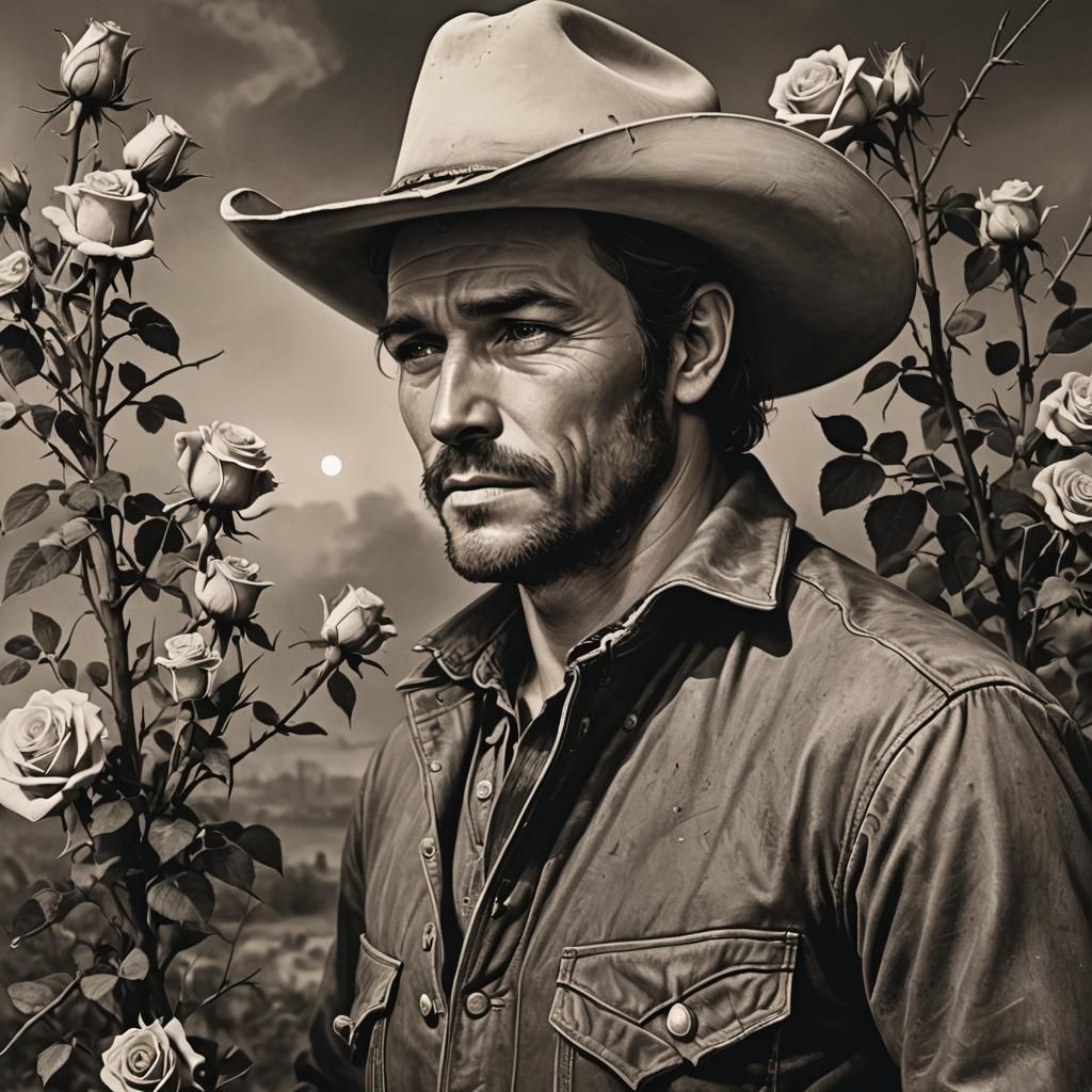 Sad Cowboy Serenade Among Thorny Roses at Dawn