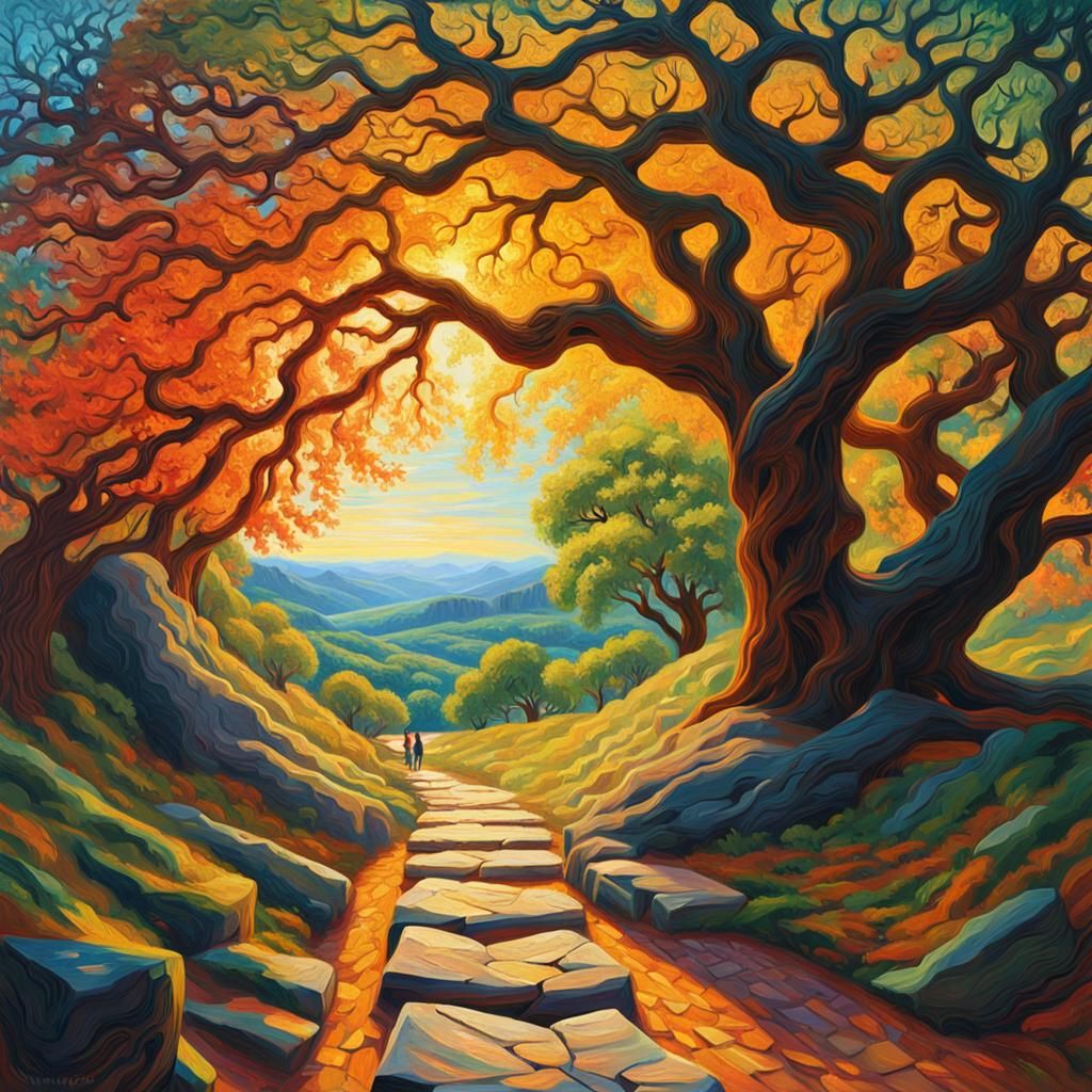 Glowing Portal in Oak Tree: Impasto Painting