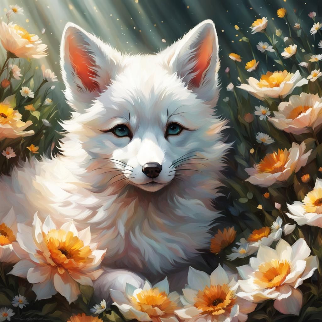 Whimsical White Fox Pup in Flower Bed