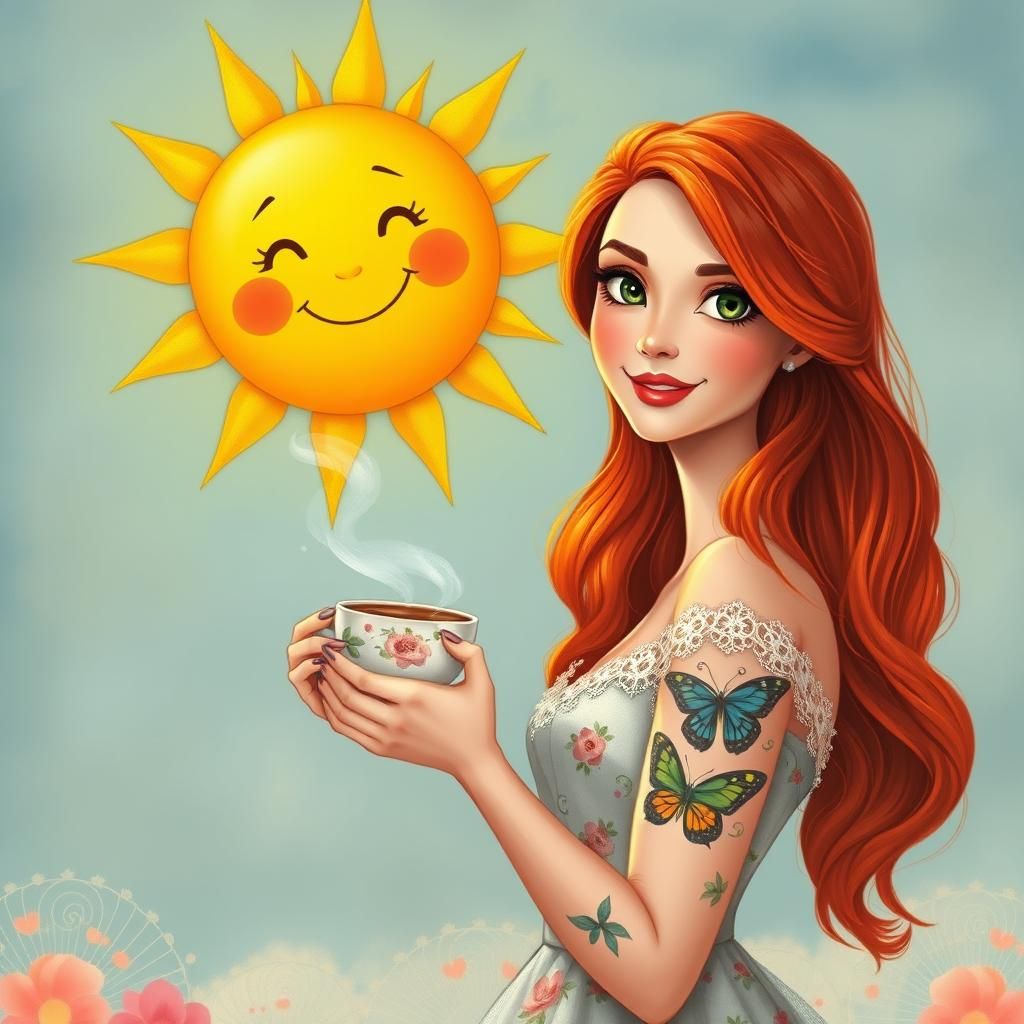 Radiant Sun and Redhead in Whimsical Pastel Style