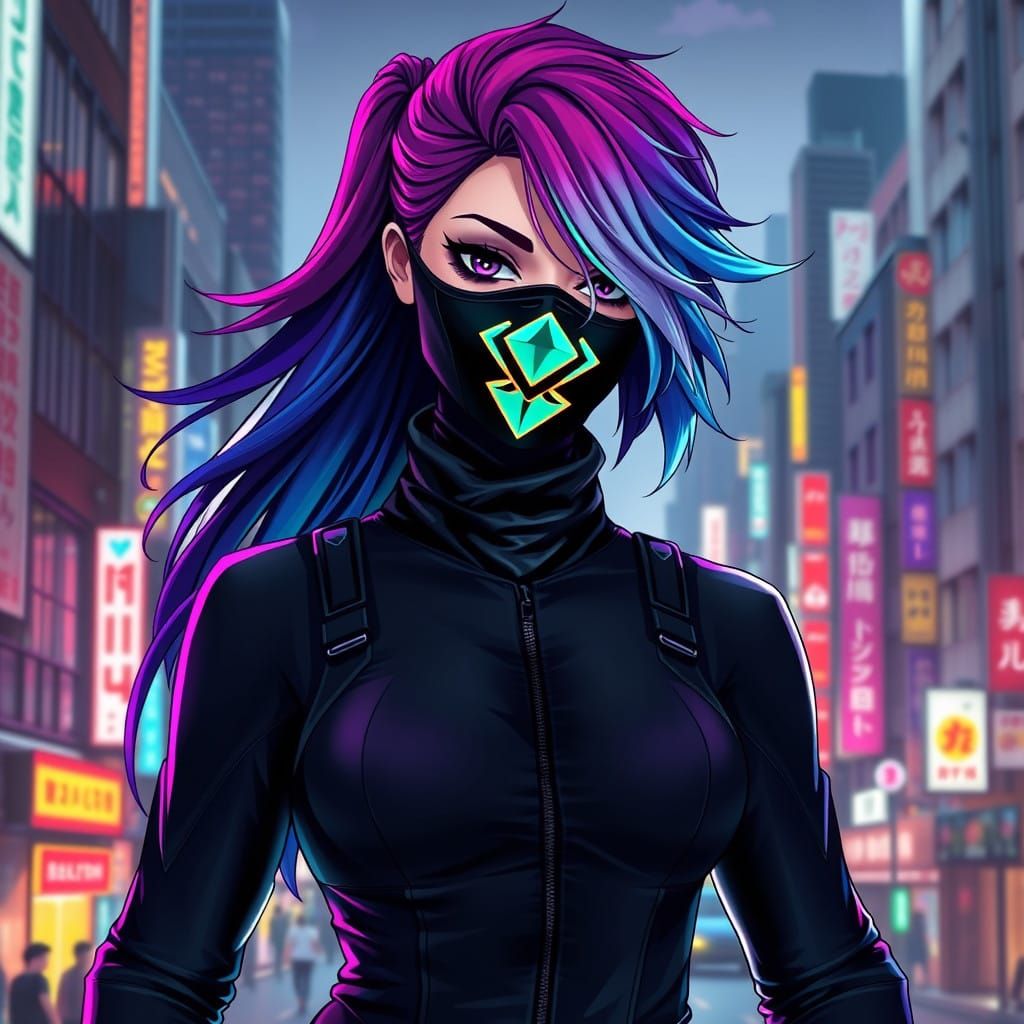 Mysterious Japanese Woman in Cyberpunk Cityscape