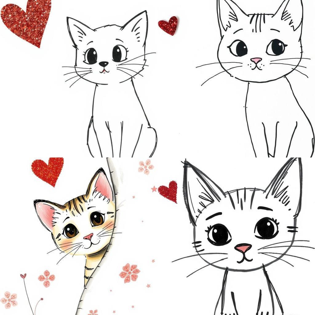 Whimsical Cat Sketch with Glittery Heart
