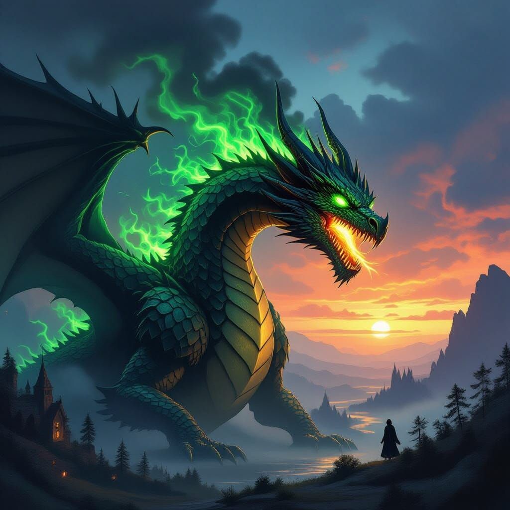 Fantasy Dragon in Mysterious Nighttime Landscape with Glowin...