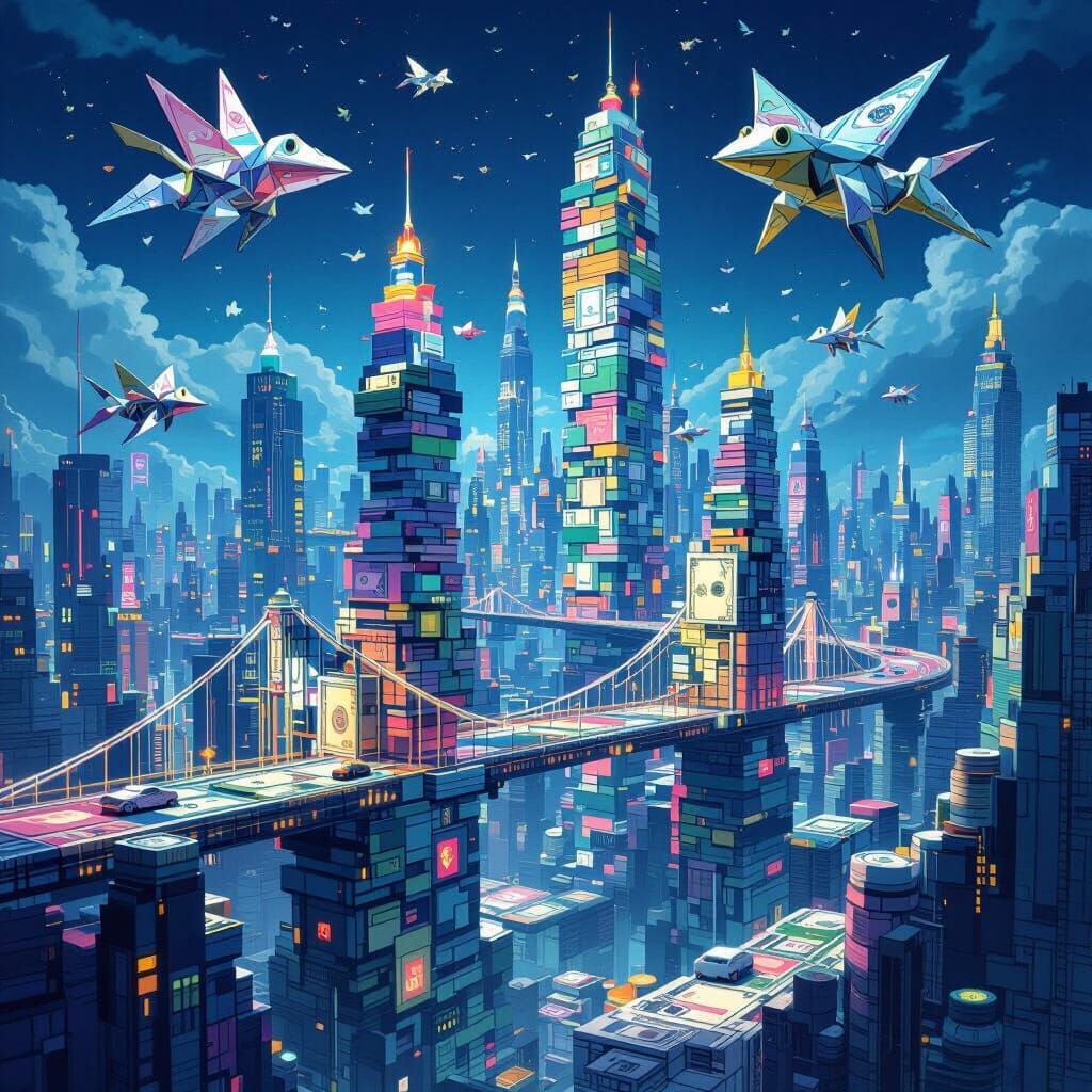Surreal Money Cityscape with Origami Frogs