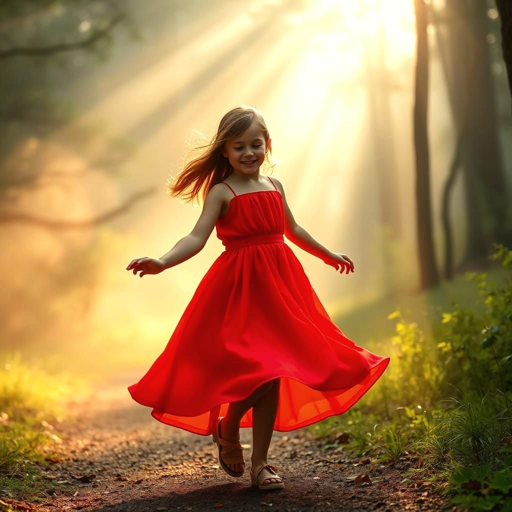 Joyful Girl Twirling in Foggy Forest Sunlight