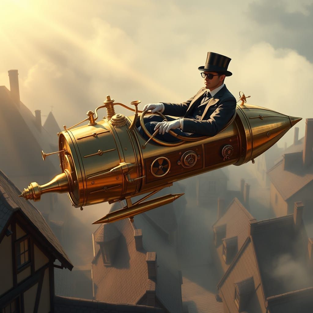 Elegant Gentleman Soars Above Whimsical Medieval Town in Ste...