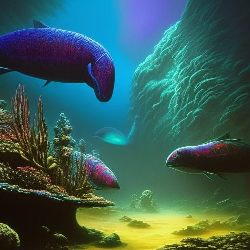 Alien Underwater Life in Dark Psychedelic Horror Style