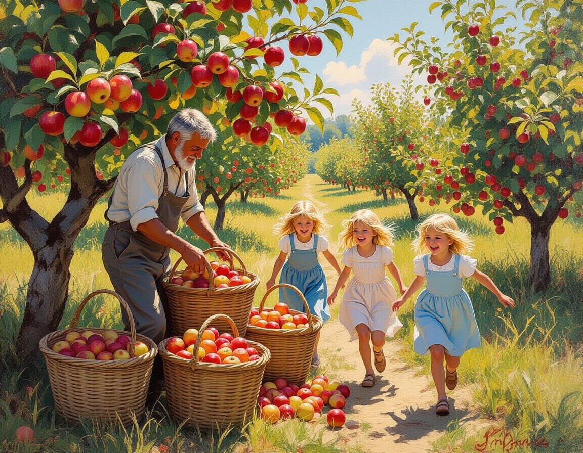 Impressionist Apple Orchard Harvest Scene in Oil