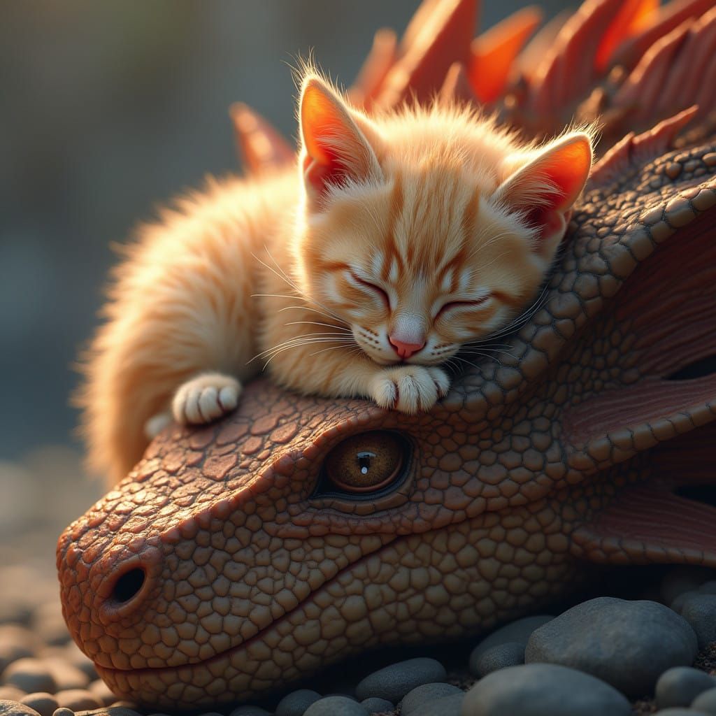 Furry Feline Rests on Majestic Dragon's Head in Vibrant Colo...
