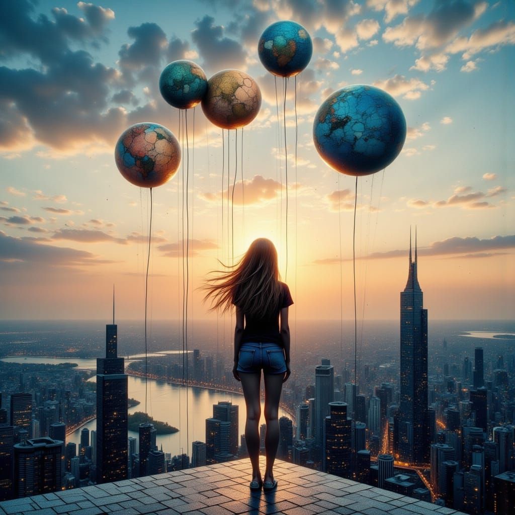 Surreal Woman Holds Planets Like Balloons Over City Rooftop