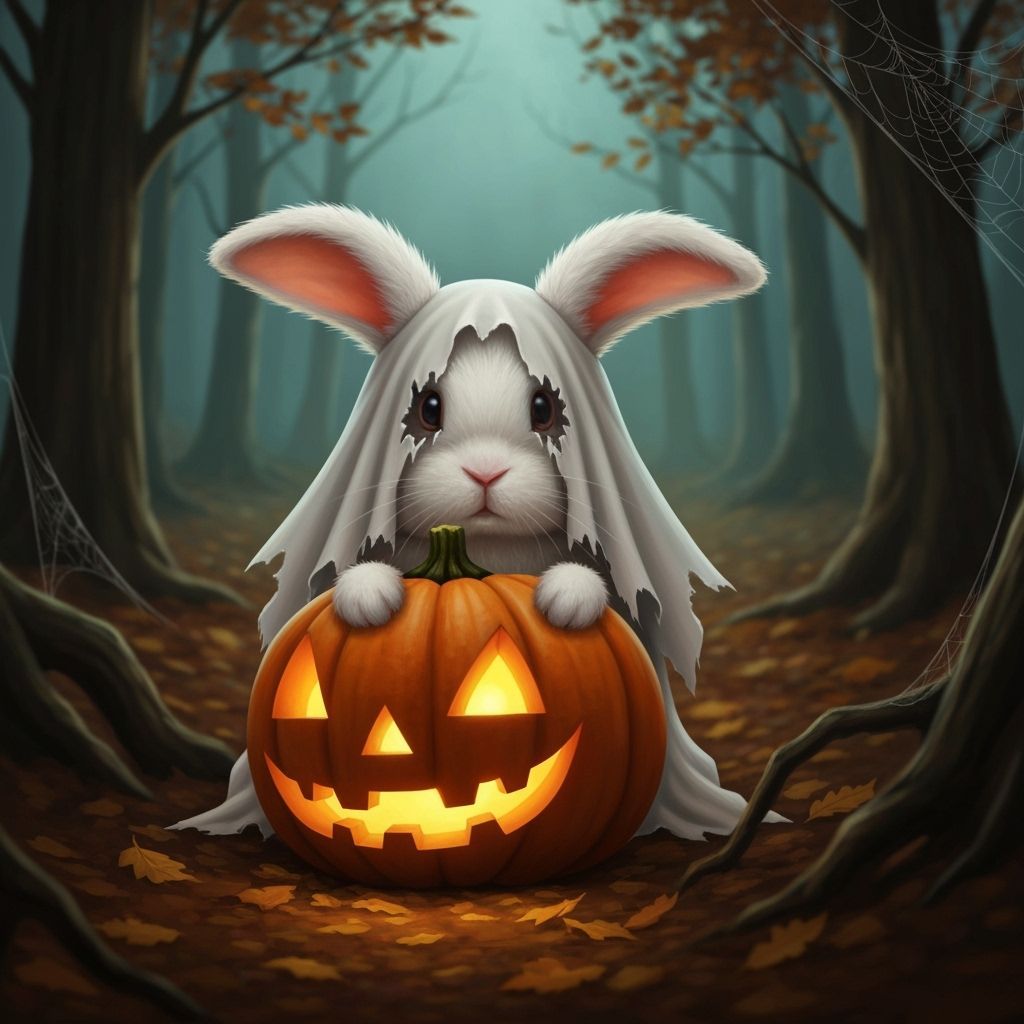 Spooky Ghost Rabbit Peeking From Behind Jack-o'-lantern