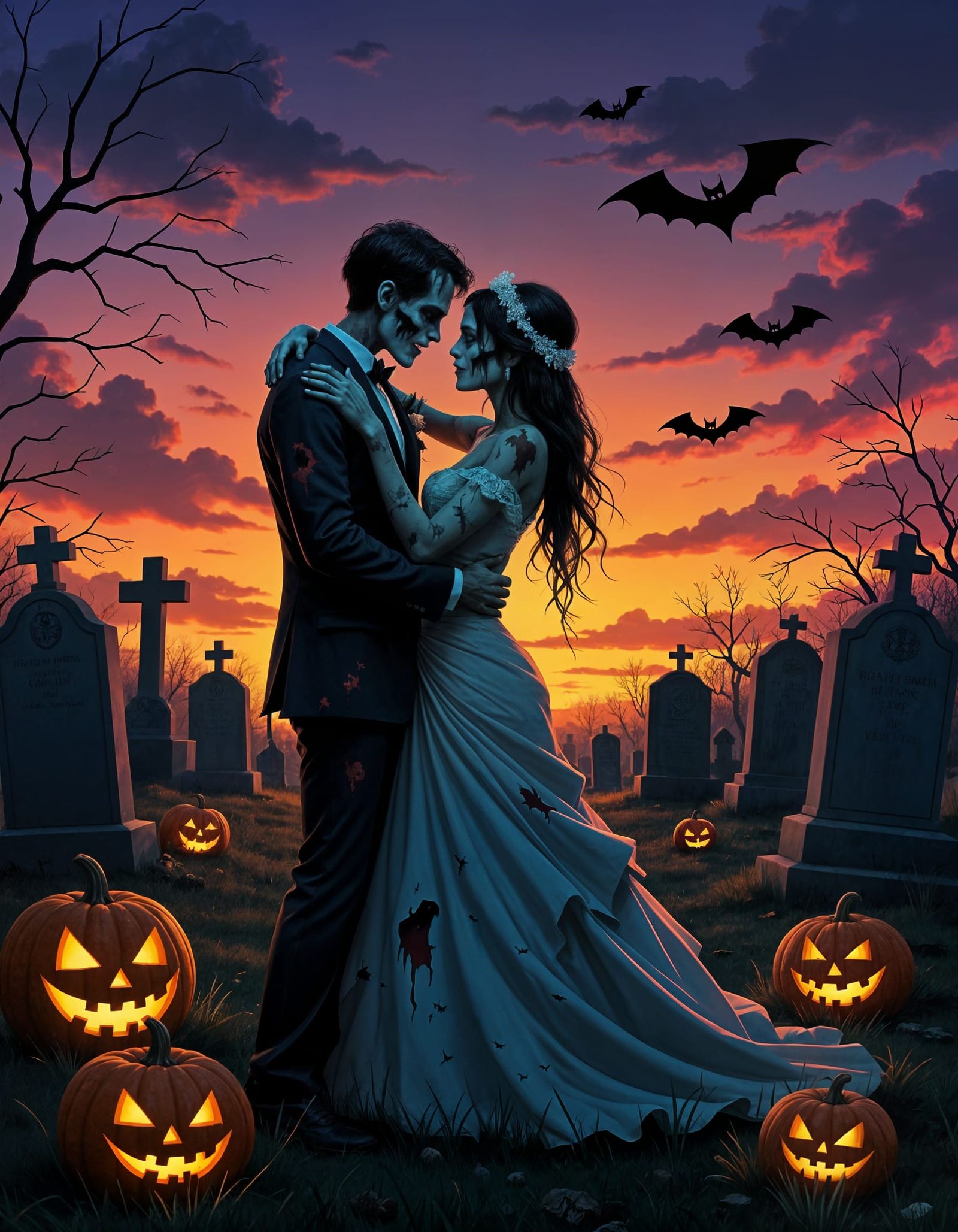 Zombie Prom Couple Dancing in Eerie Graveyard