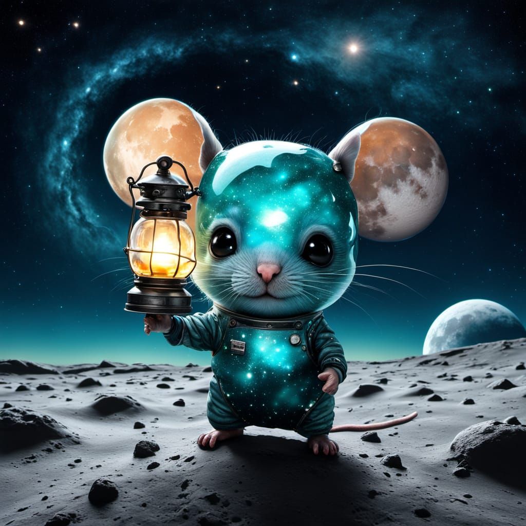 Aqua Chibi Mouse on Moon with Lantern