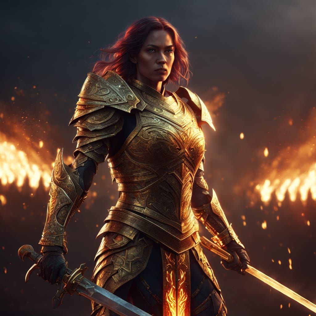 Epic Warrior Woman with Flaming Sword in Digital Art