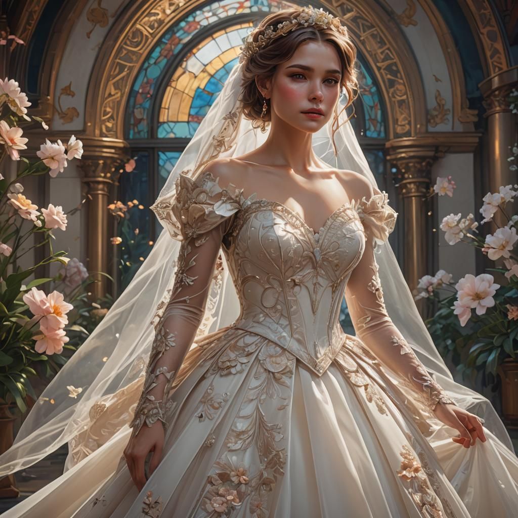 Bride in Wedding Dress: Hyperdetailed Art Nouveau Portrait