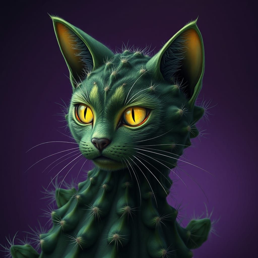 Cat-Cactus Hybrid in Victorian Dark Fantasy Style