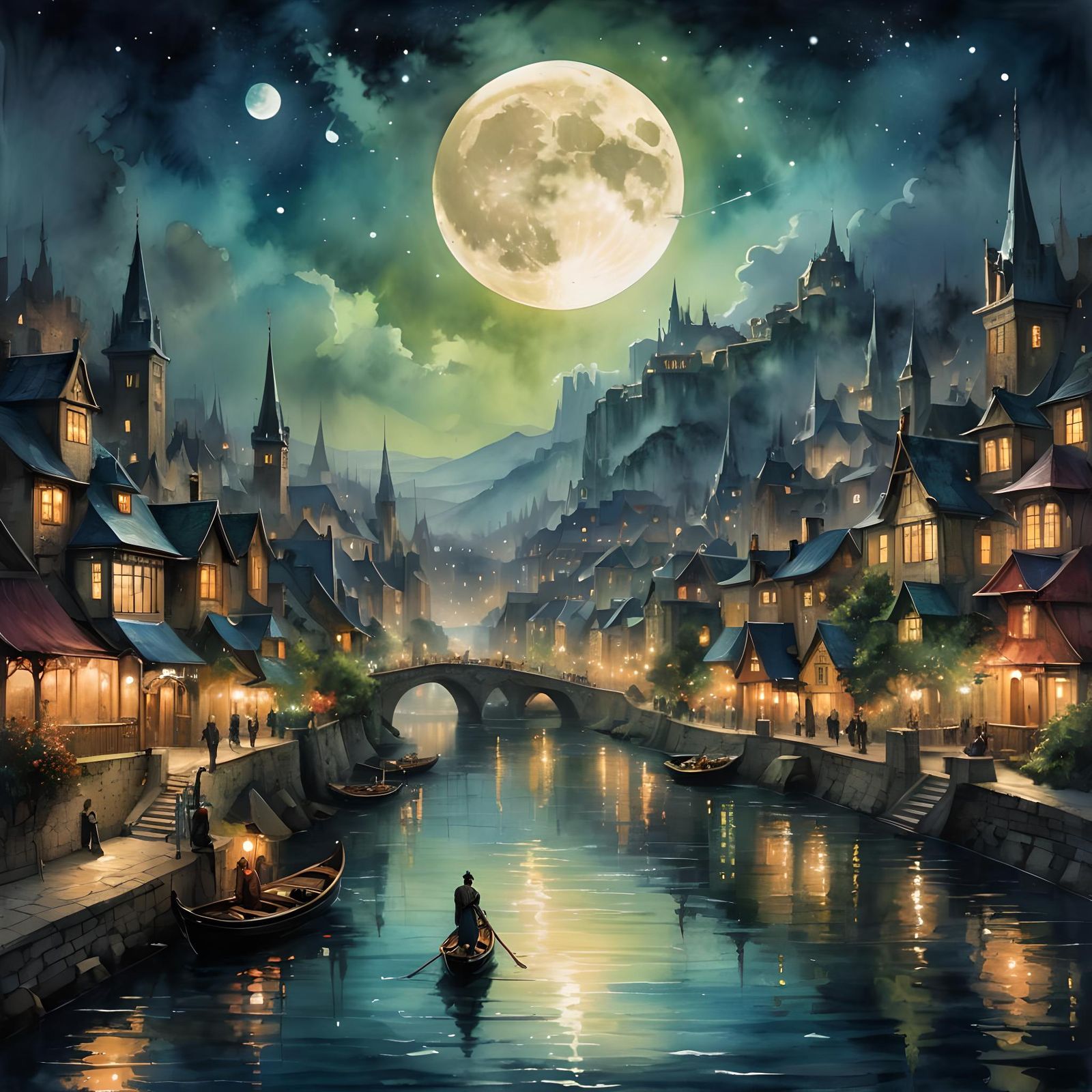 Enchanted City at Night Watercolor Painting