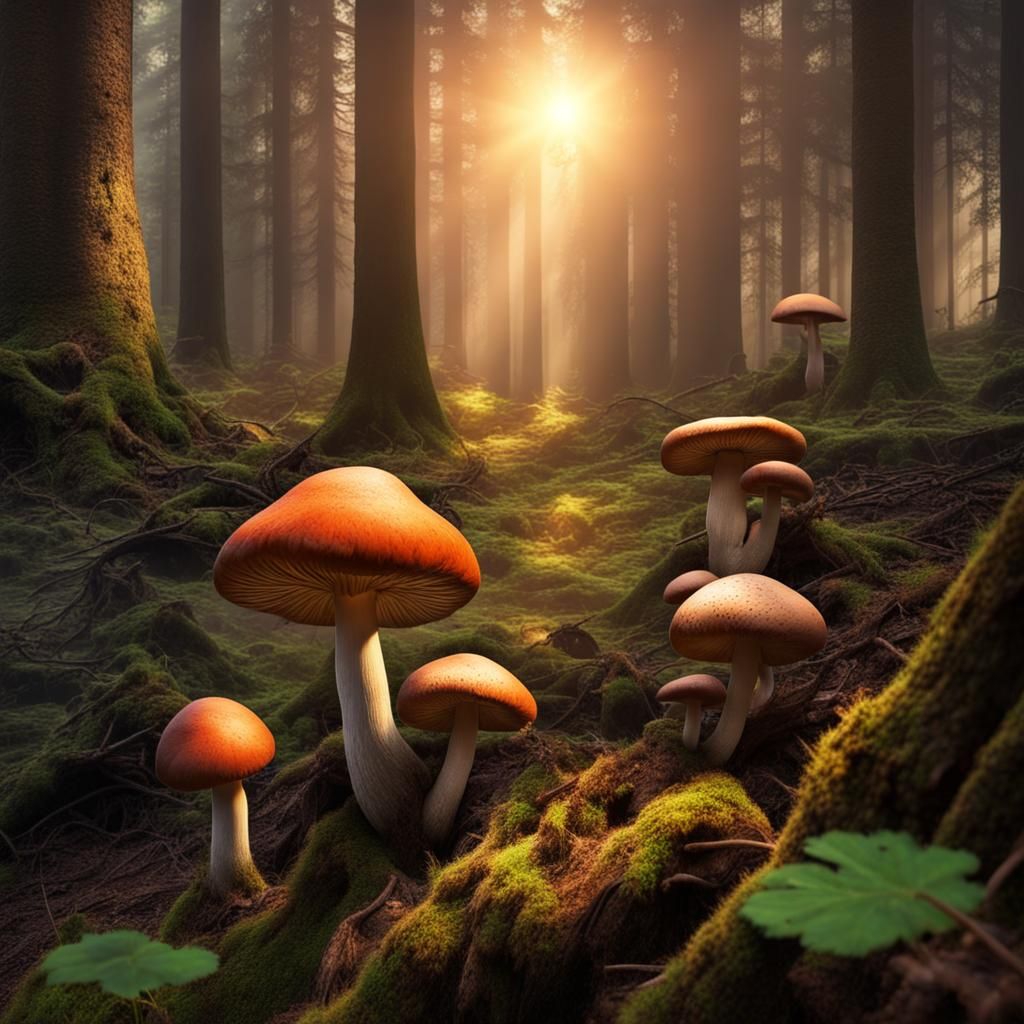 Colorful Mushroom Forest at Sunrise