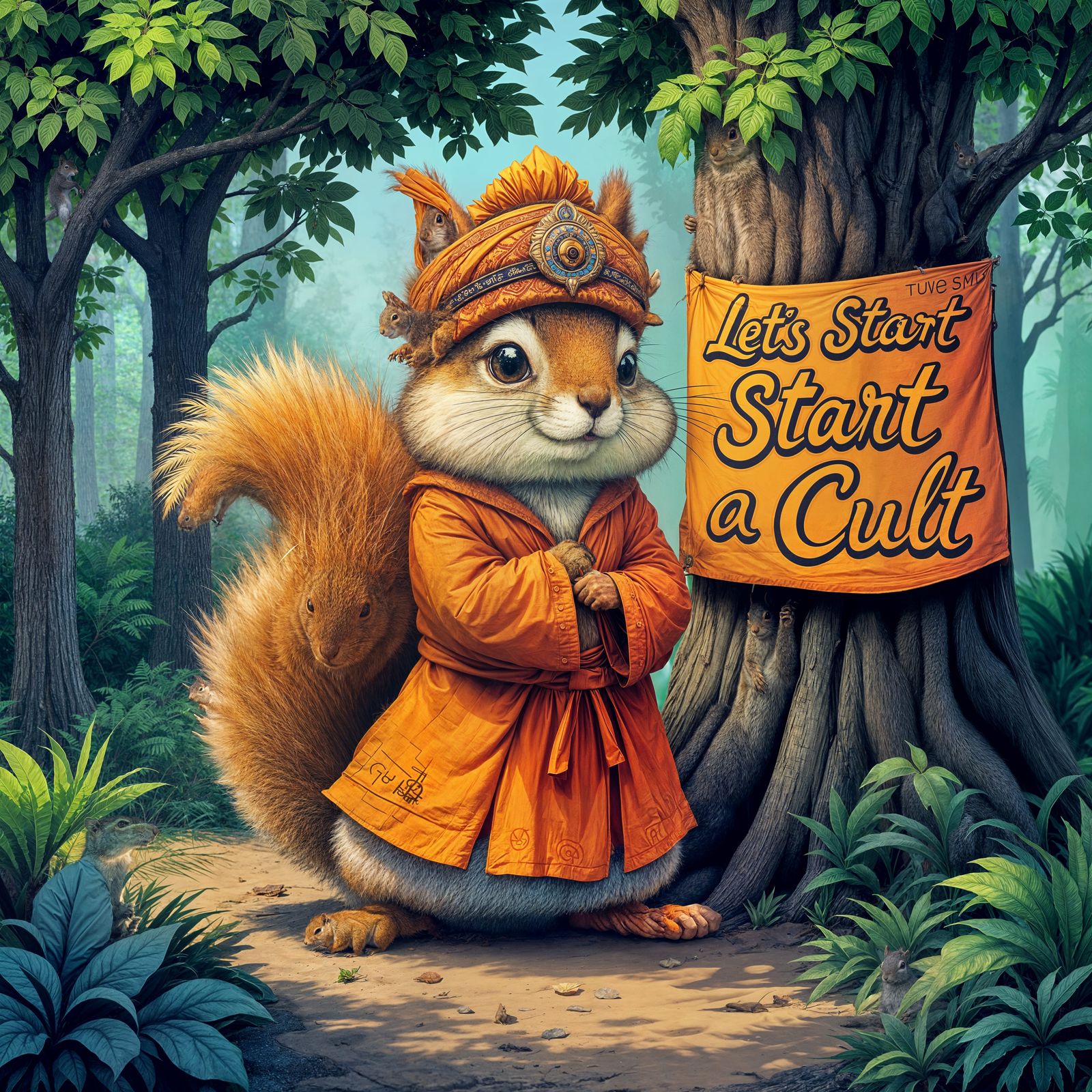 Whimsical Squirrel Guru in Vibrant Psychedelic Robes