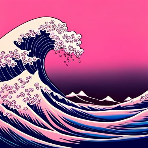Pink Great Wave in Synthwave Neon Style