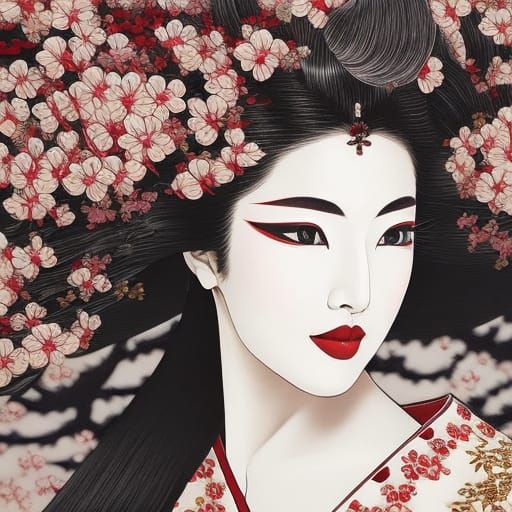 Beautiful Japanese Woman in Kimono by Cherry Tree