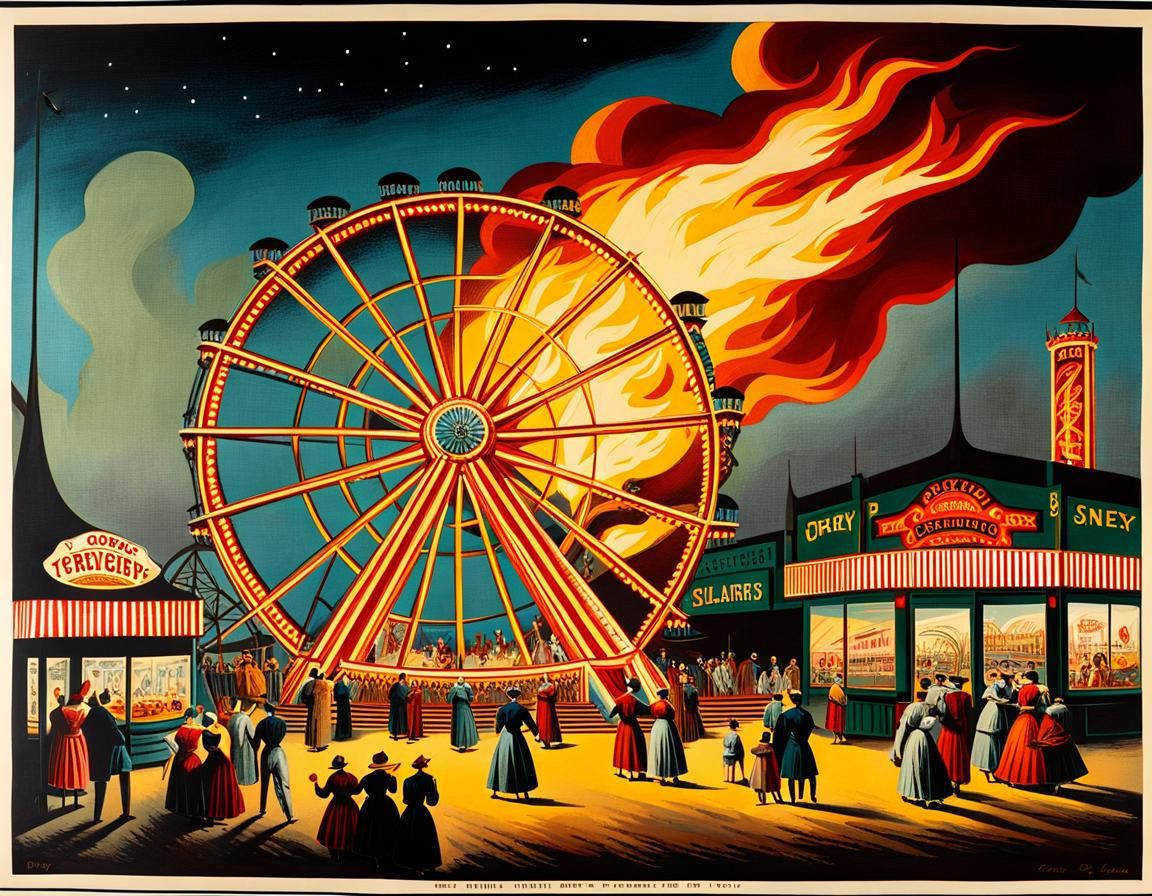 Coney Island Ferris Wheel Disaster in Lithographic Style