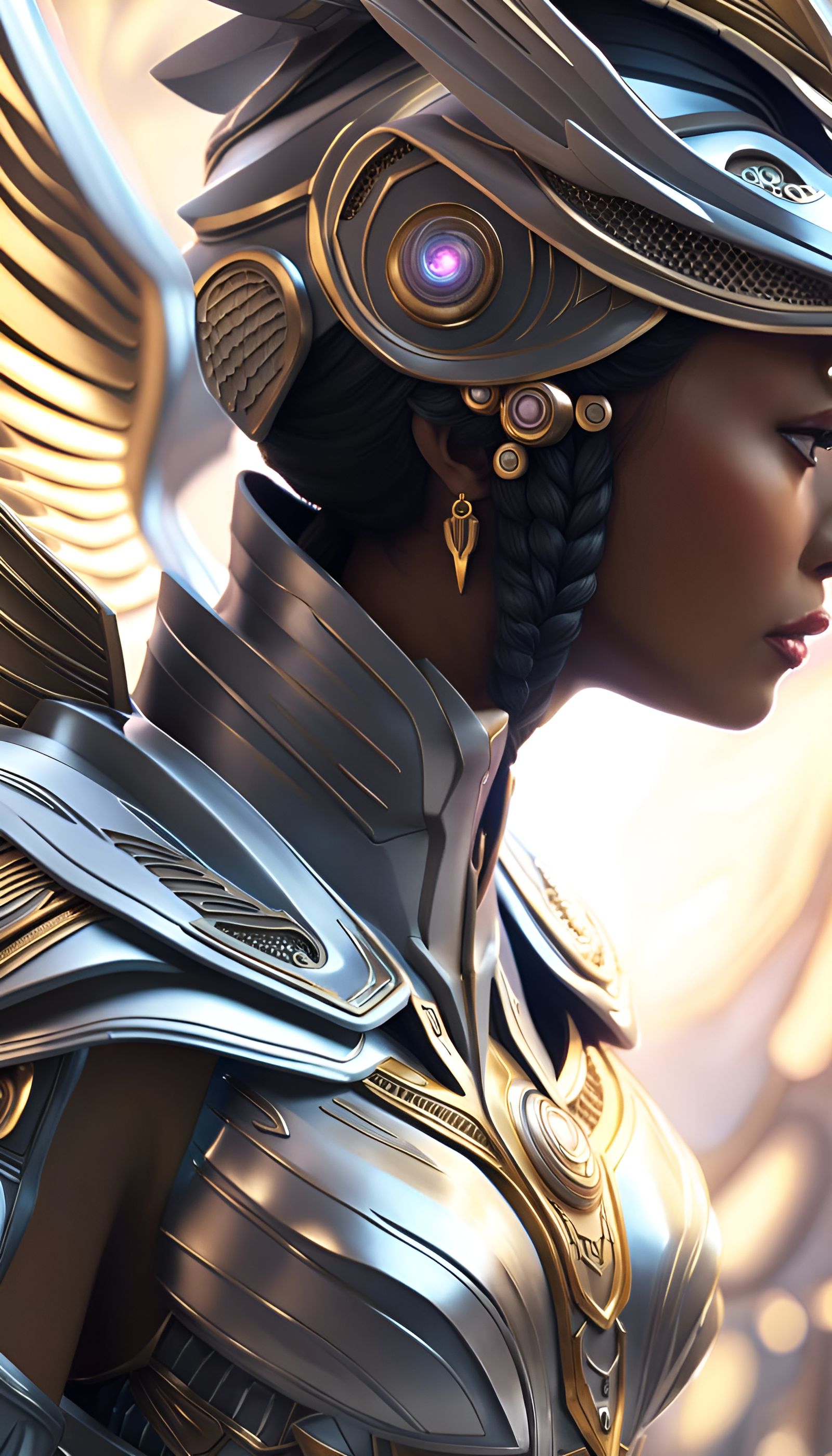 Biomechanical Valkyrie Warrior with Wings in Precisionism St...