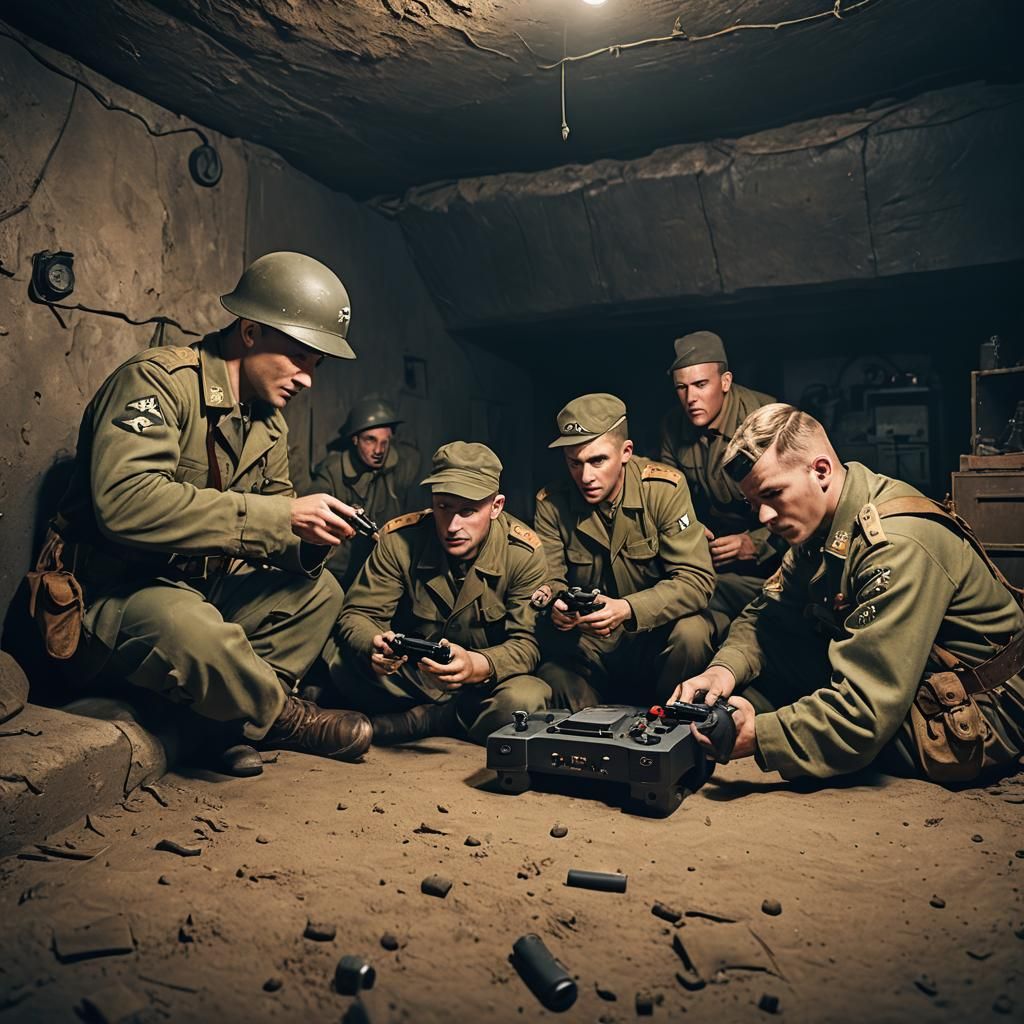 WWII and Russian Soldiers Gaming in Bunker