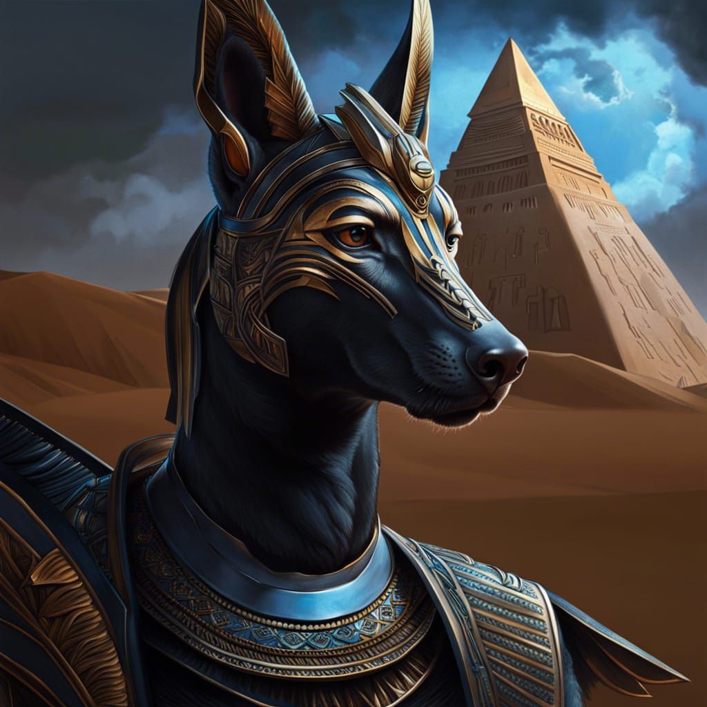 Detailed Portrait of Anubis with Hieroglyph Backdrop