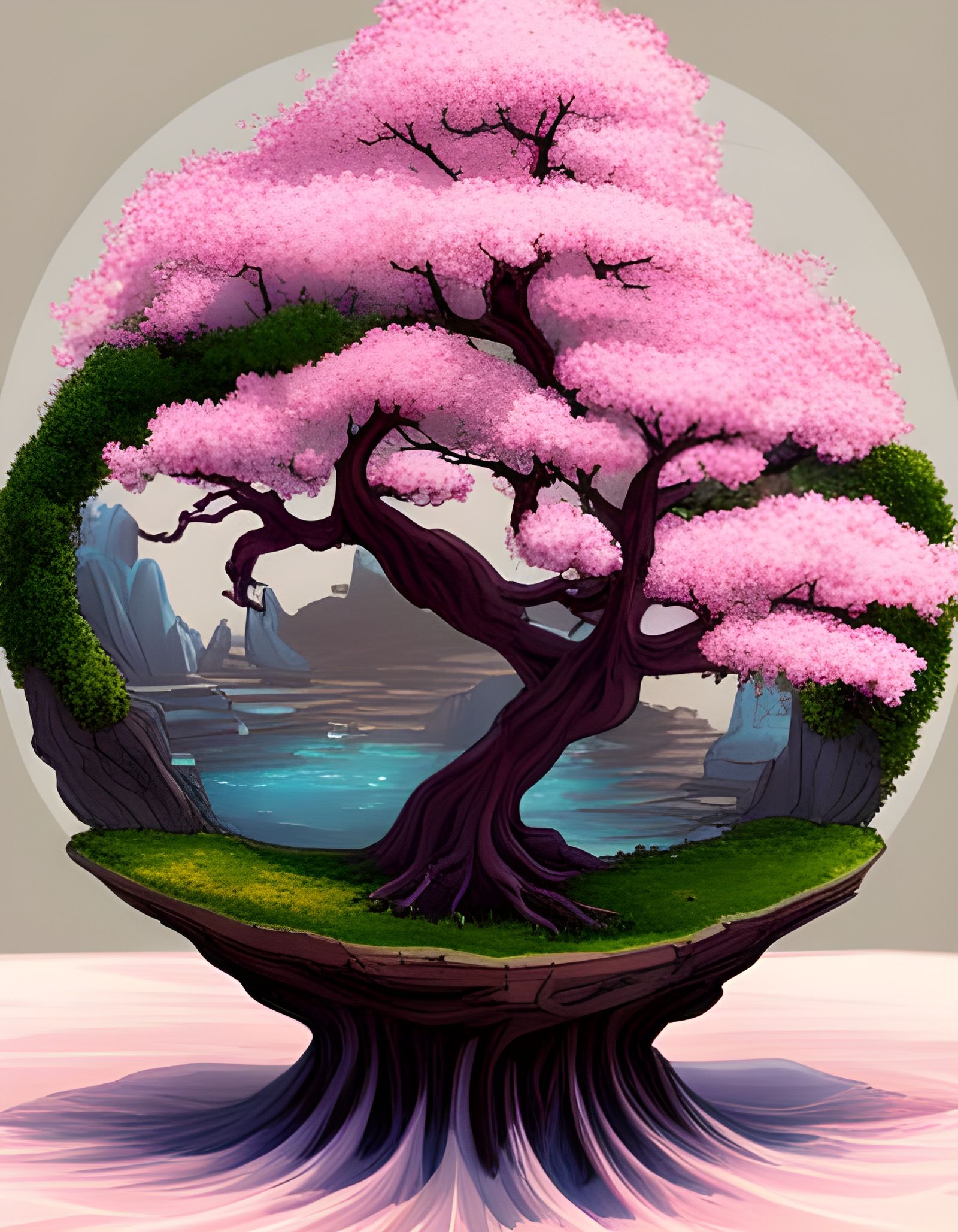 Bonsai cherryblossom trees in djinn gardens within a isometric diorama by Alyse Dietel fantasy retro comics by jim Cheun...