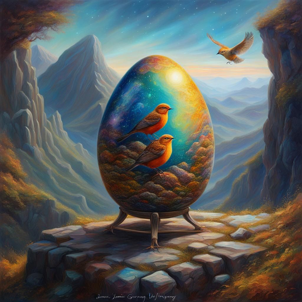 Cosmic Bird Egg on Mountain, Oil Painting