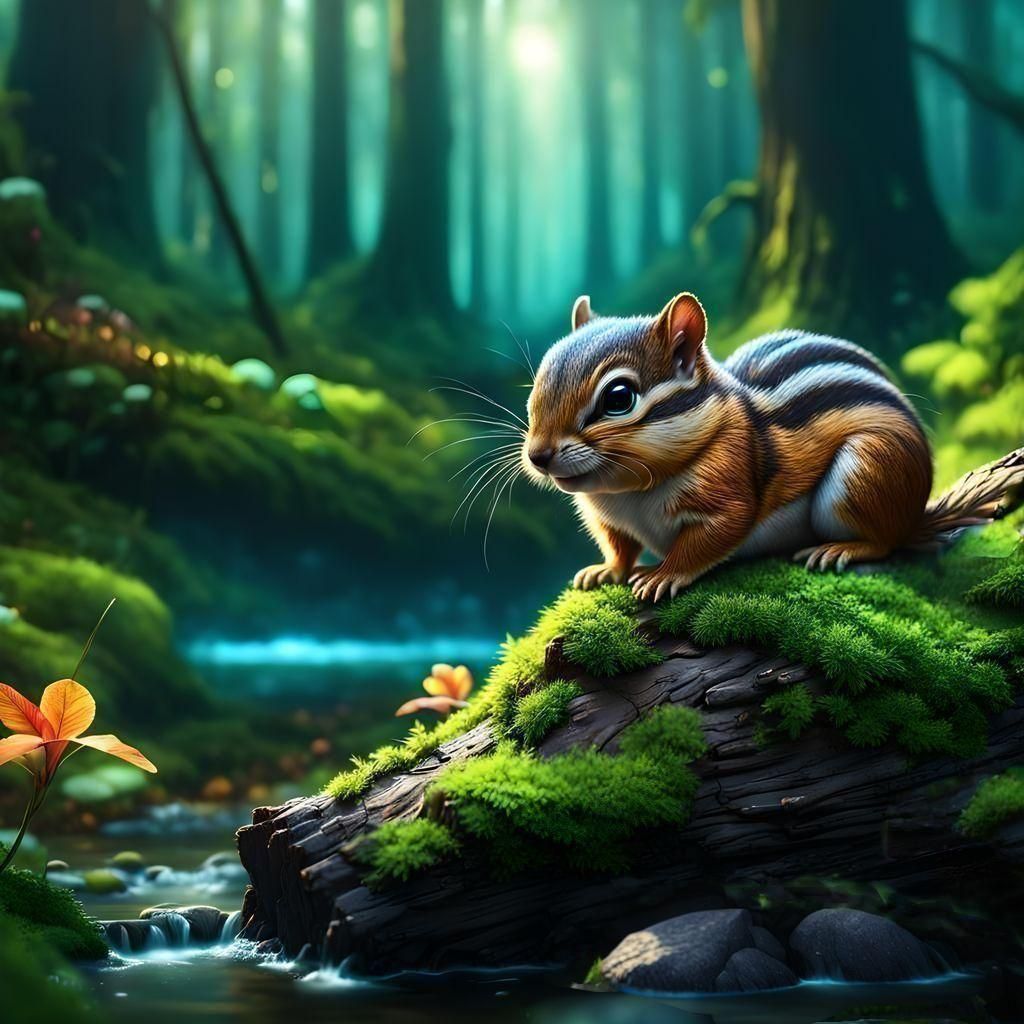 Fantastical Stream with Dark Rocks in Detailed Matte Paintin...