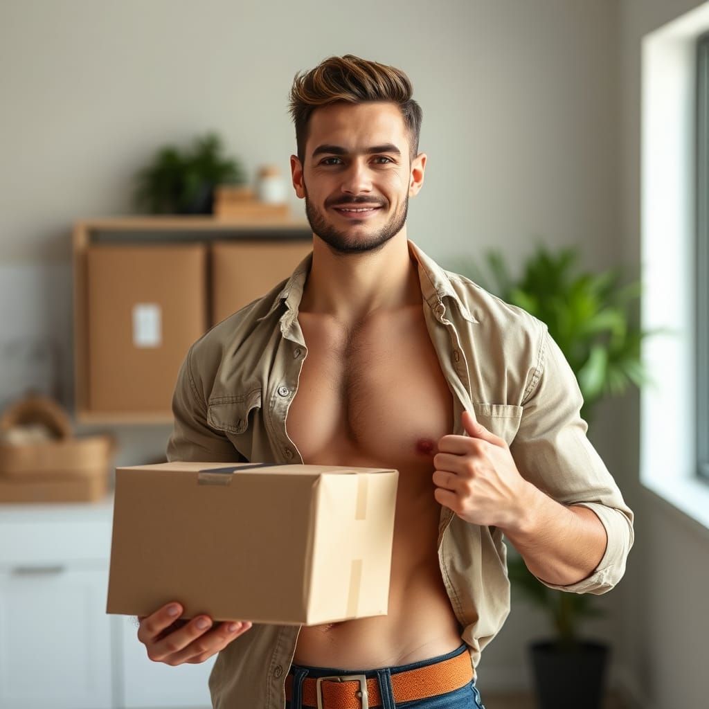 Muscular Delivery Man with Unbuttoned Shirt
