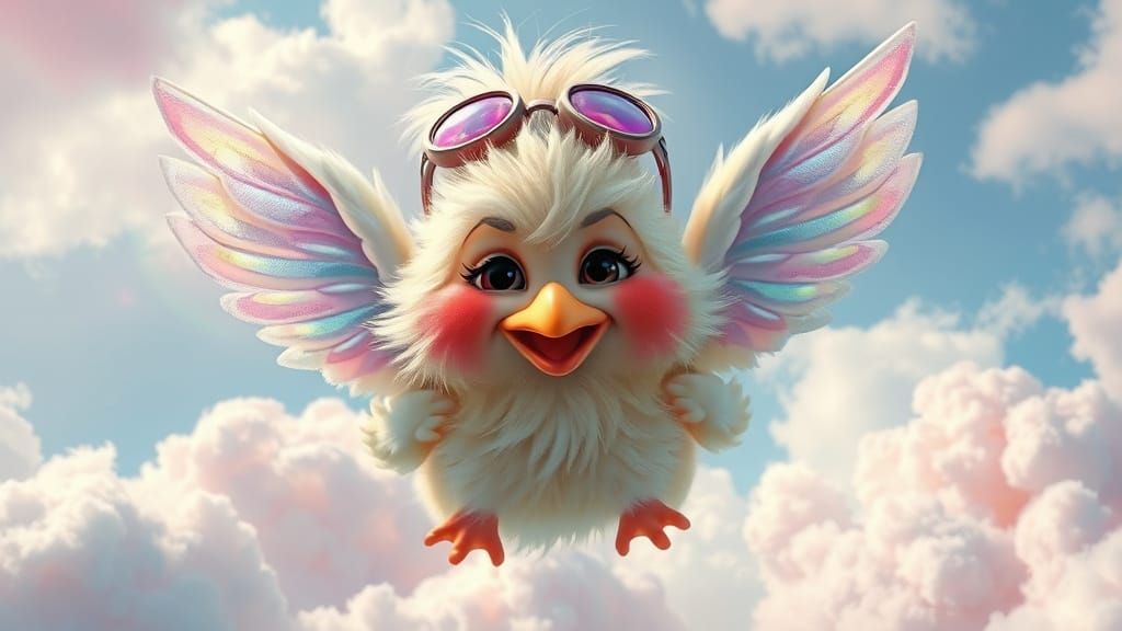 Grumpy Chick with Wings in Dreamlike Sky
