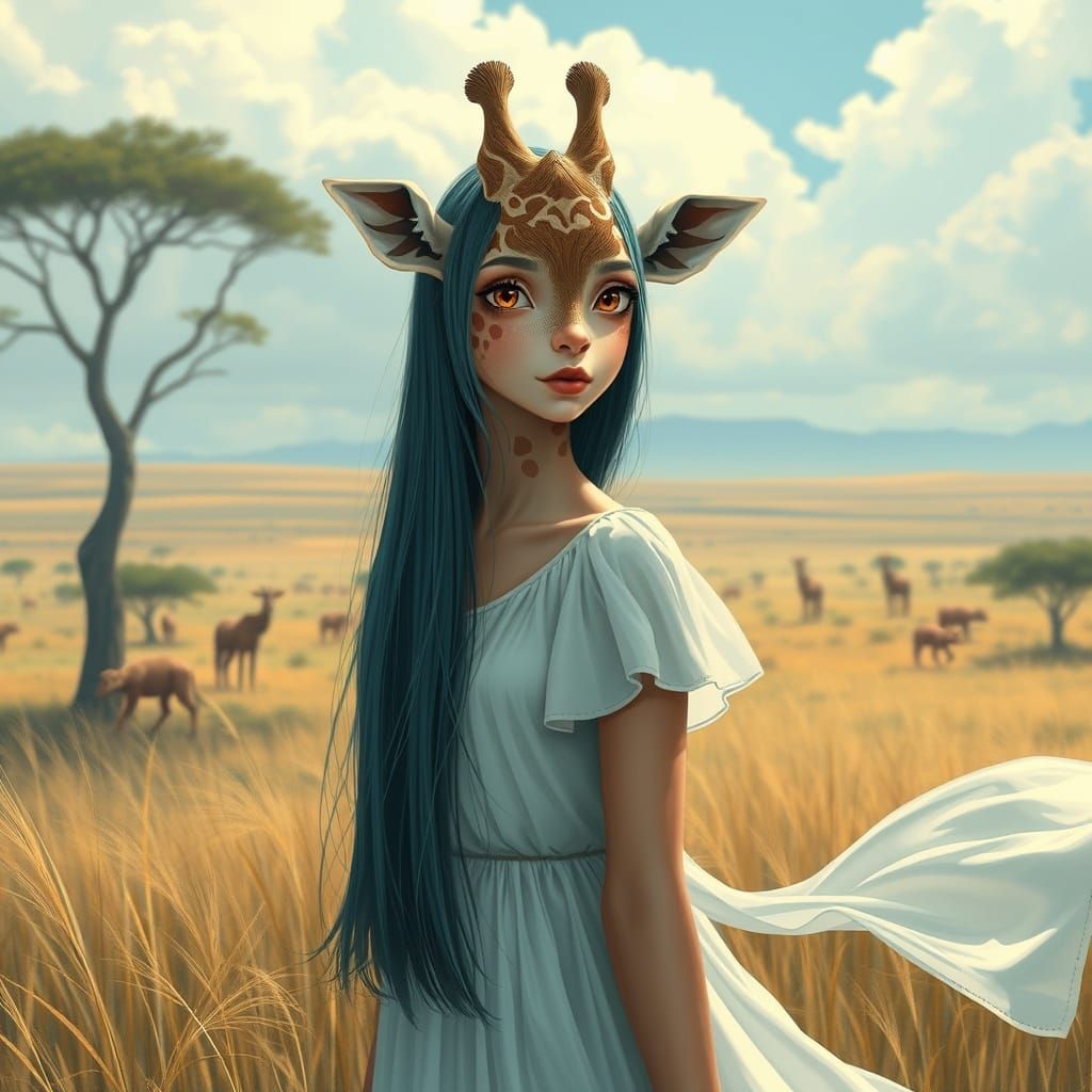 Giraffe Woman in Savannah, Dreamlike Digital Art