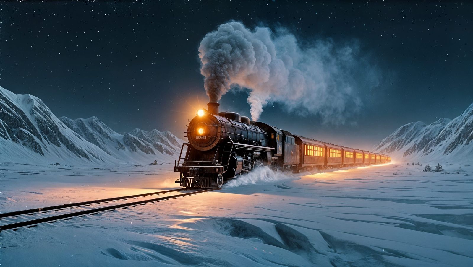 Magical Steam Train Speeds Through Snowy Winter Landscape