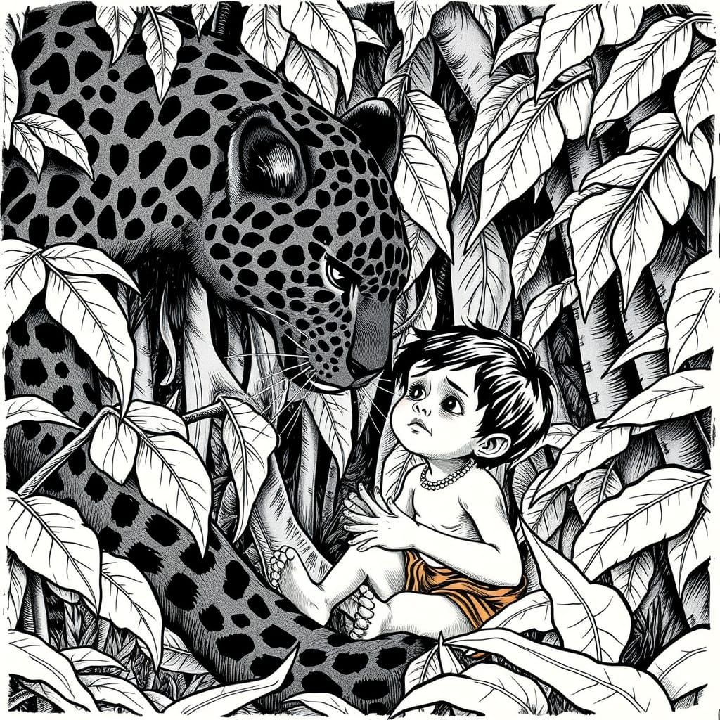 Bagheera Observes Mowgli, Pen and Ink Illustration
