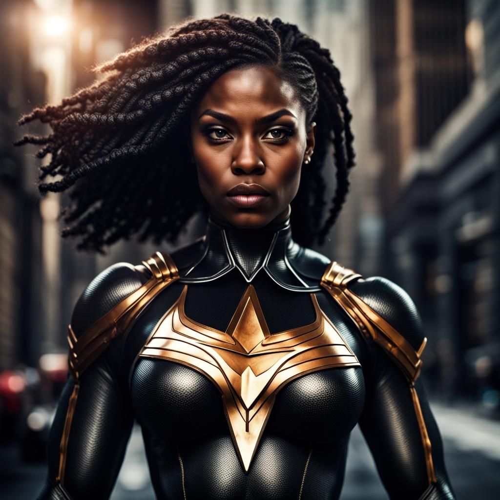 Empowered Black Female Superhero in Hyperrealistic Style