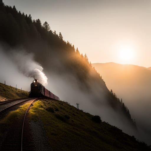 Steam Train Ascends Foggy Mountain: Digital Matte Painting