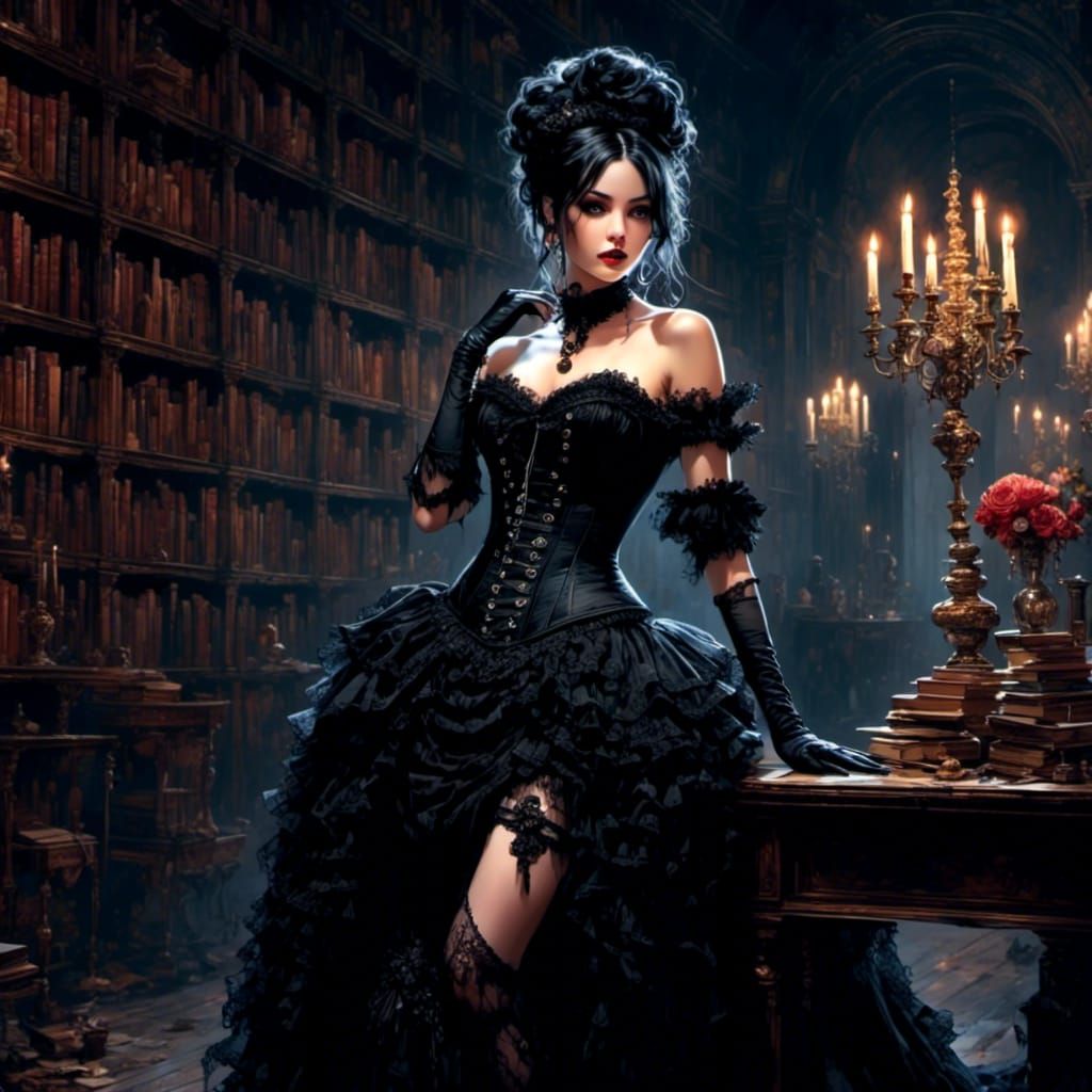 Goth Woman in Moonlit Library