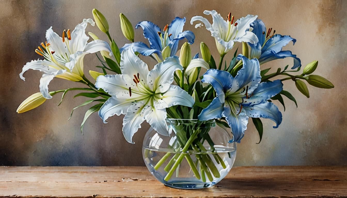 White and Blue Lilies in Watercolor Style